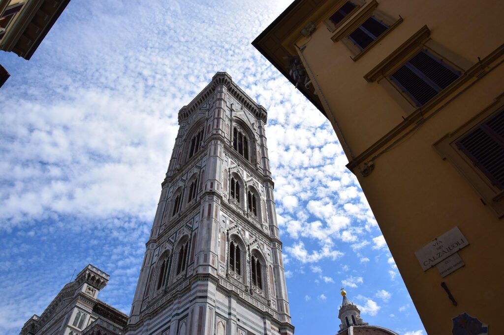 giotto, florence, tuscany, duomo, bell tower, architecture, monument, the giotto bell tower, nature, clouds, italy